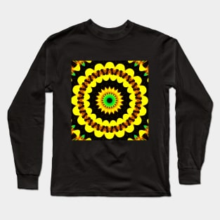 Yellow Floral pattern, seamless kaleidoscope. Circular Flower on black print Long Sleeve T-Shirt